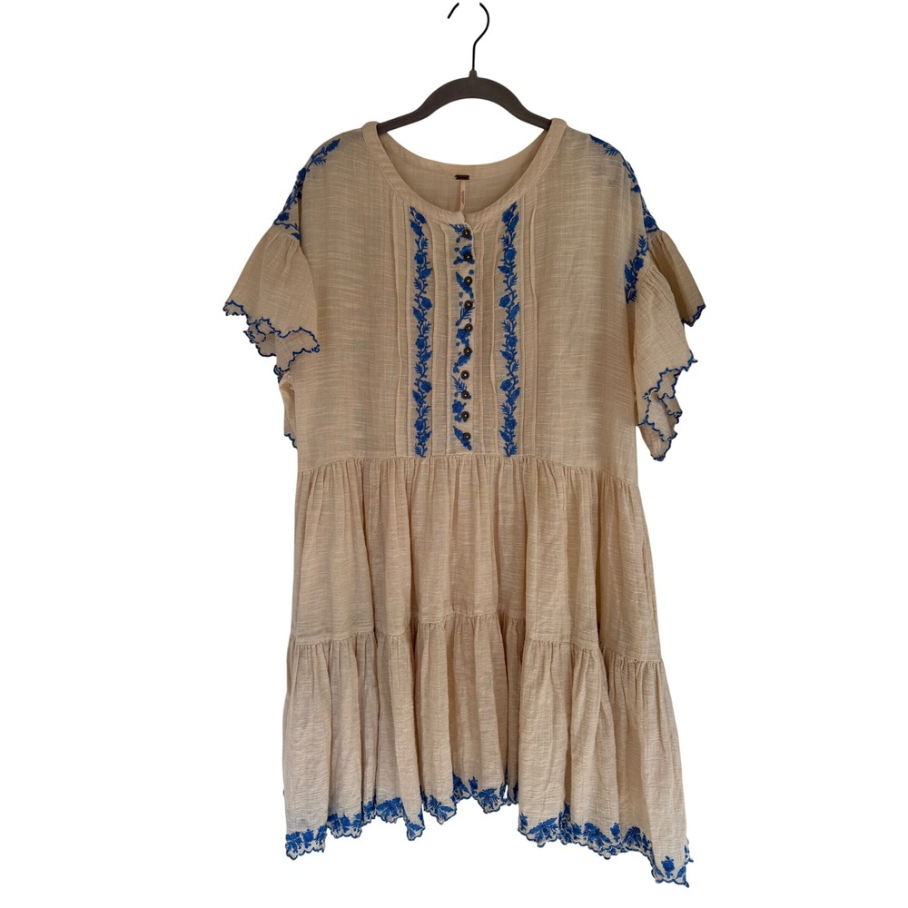 Free People Womens Cream Blue Embroidered Cotton Gauze Tiered Mini Dress Medium